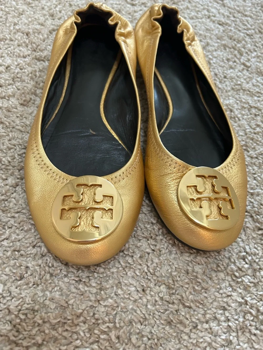 Tory Burch Reva Metallic Gold Logo Ballet Flats